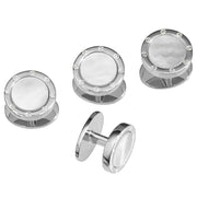 White mother of pearl round rivet-edge sterling silver tuxedo studs and cufflink set 