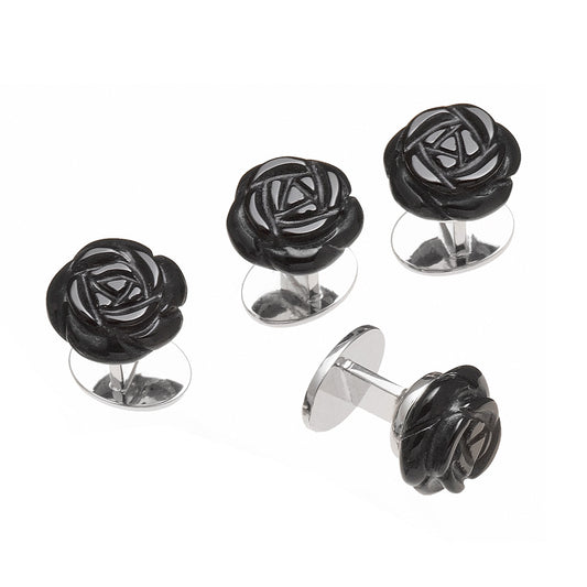 Carved black onyx rose tuxedo stud set with silver bullet backs for formal dress shirts.