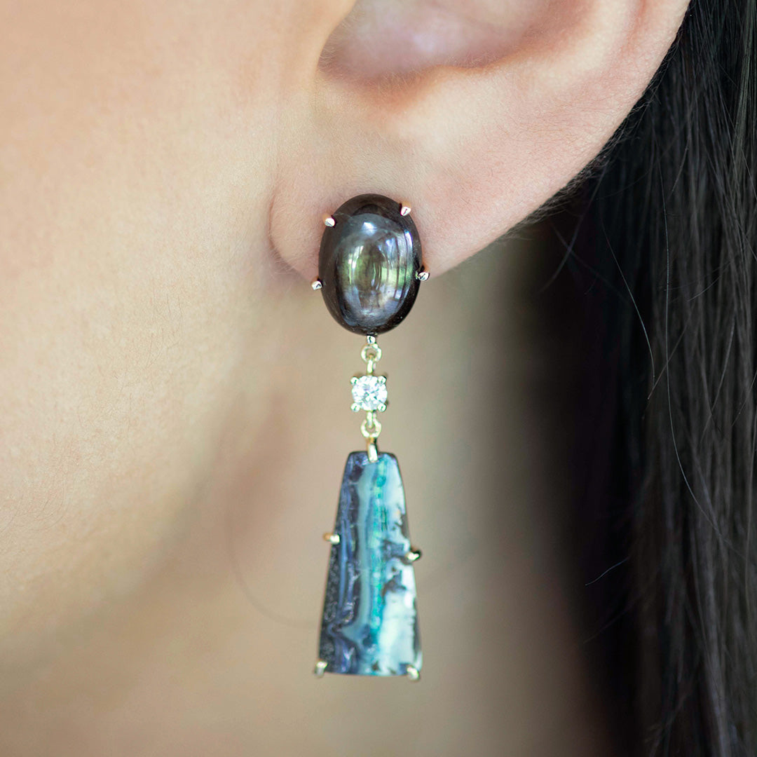 18K One of a Kind 2-Tier Gemstone Earrings: Natural Brown Sillimanite Cat's Eye, Yowah Boulder Opal & Diamond