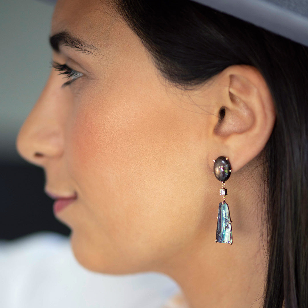 18K One of a Kind 2-Tier Gemstone Earrings: Natural Brown Sillimanite Cat's Eye, Yowah Boulder Opal & Diamond