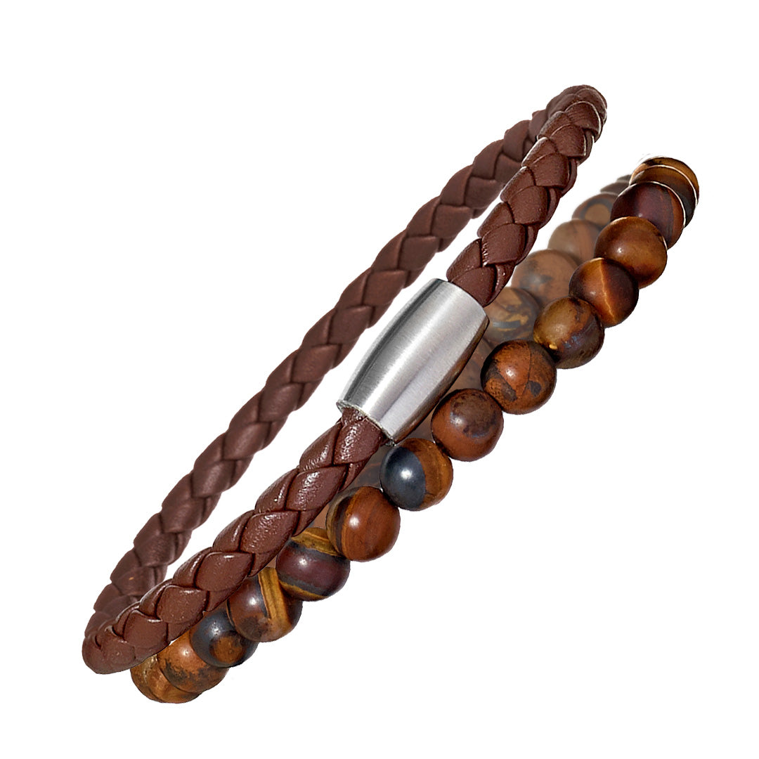 Adam Bracelet Stack featuring 6mm Matte Tiger's Eye Gemstone Beaded Bracelet and Brown Braided Leather Bracelet. 