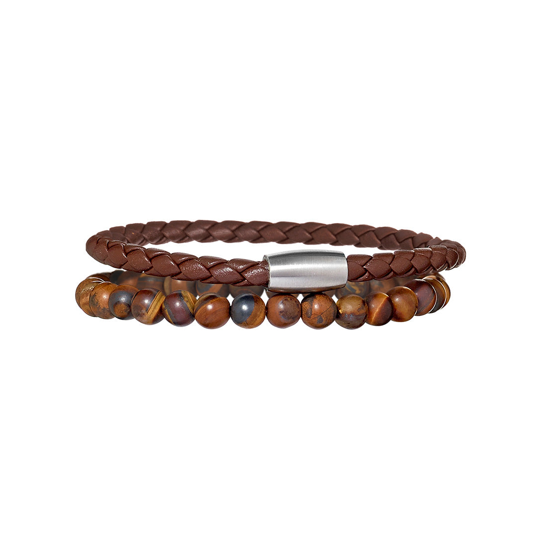 Adam Bracelet Stack: 6mm Matte Tigers Eye Beaded Bracelet and Brown Leather Magnetic Bracelet. 