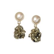 Jan Leslie's one-of-a-kind 18k gold earrings with South Sea pearl studs, diamond connectors, and raw pyrite cluster drops