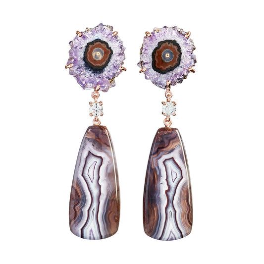 18k rose gold earrings with raw amethyst stalactite studs, diamond connectors, and banded agate teardrop drops
