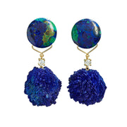 Azurite-Malachite Round Disc & Raw Azurite Crystal Cluster Diamond Connector 18K Gold Drop Earrings