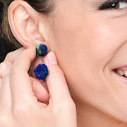 Azurite-Malachite Round Disc & Raw Azurite Crystal Cluster Diamond Connector 18K Gold Drop Earrings on Model