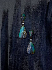 Great Barrier Reef 18K Gold One of a Kind Gemstone Earrings on a black background. 