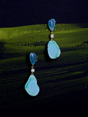 Freeform Turquoise Slice & Black Opal Cabochon Diamond Connector 18K Gold Drop Earrings —Jan Leslie 