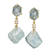 Oval Aquamarine Cabochon & Raw Aquamarine Crystal Chunk Diamond Connector 18K Gold Drop Earrings - Jan Leslie 