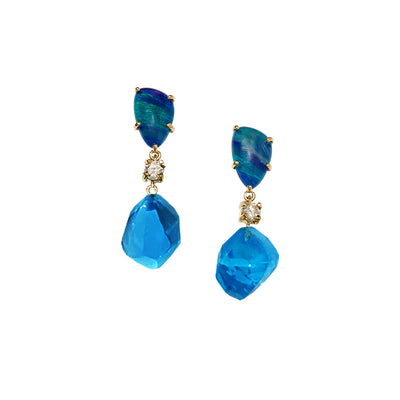 Santorini 18K Gold One of a Kind Gemstone Earring I Jan Leslie. Top gemstone: Opal Triplet Middle gemstone: Diamond Bottom Gemstone: Blue Topaz