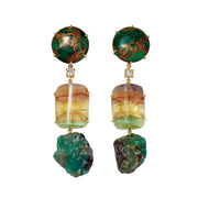 Jan Leslie's one-of-a-kind 18k gold 3-tier earrings with copper azurite-malachite studs, diamond connectors, rainbow fluorite barrels, and raw emerald crystal drops 