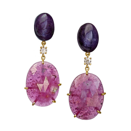Pink Sapphire, Purple Star of Sapphire & Diamond  18K Gold One of a Kind Gemstone Earrings