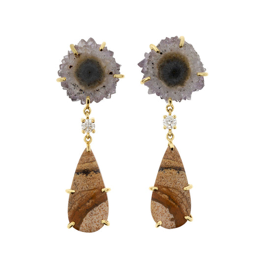 18K One of a Kind 2-Tier Gemstone Earrings: Stalactite, Diamond, and Picture Jasper