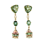 Rough green tourmaline trillion stud with diamond link oval tourmaline and banded pear fluorite drop earring