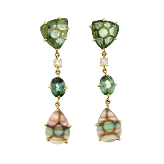 Rough green tourmaline trillion stud with diamond link oval tourmaline and banded pear fluorite drop earring