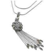 Marcasite pavé filigree ball tassel sterling silver necklace showing pendant and double snake chain 