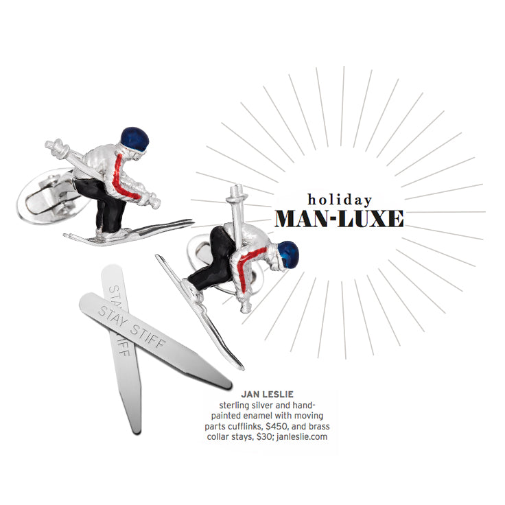 Holiday Man-Lux guide featuring the Moving Skier Sterling Silver Lapel Pin by Jan Leslie. 