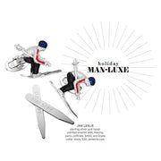 Holiday Man-Lux guide featuring the Moving Skier Sterling Silver Lapel Pin by Jan Leslie. 