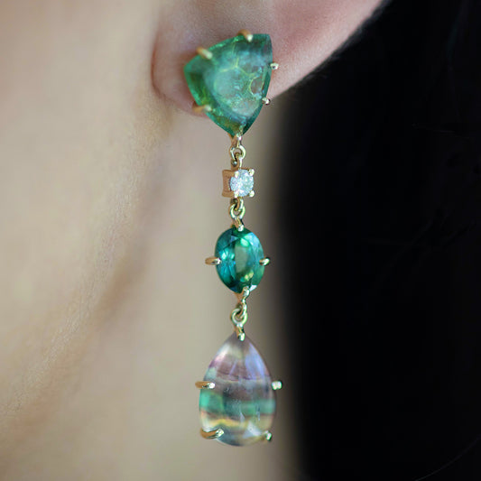 18K One of a Kind 3-Tier Gemstone Earrings: Green Tourmaline Slice, Faceted Green Tourmaline, Rainbow Fluorite & Diamond