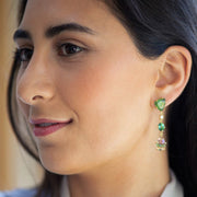 Rough green tourmaline trillion stud with diamond link oval tourmaline and banded pear fluorite drop earring on model