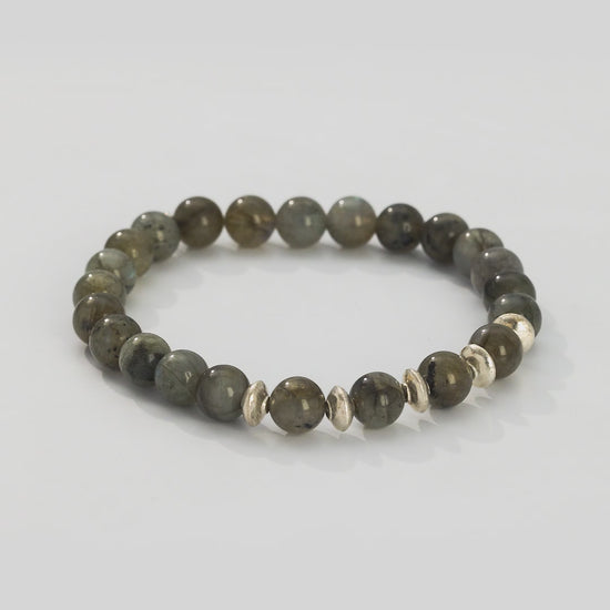 360 degree video of Gemstone Beads and Sterling Silver Cylinder Spacer Elastic Bracelet in blue labradorite. 