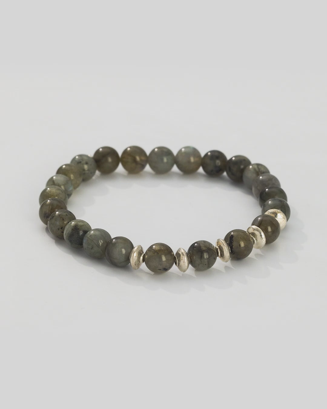 360 degree video of Gemstone Beads and Sterling Silver Cylinder Spacer Elastic Bracelet in blue labradorite. 