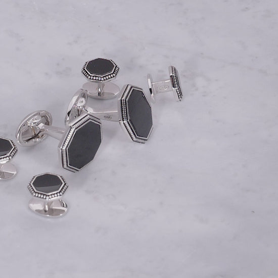 180 view of Jan Leslie's Octagon Gemstone with Antique Border Sterling Silver Cufflinks and Tuxedo Studs in black onyx. 