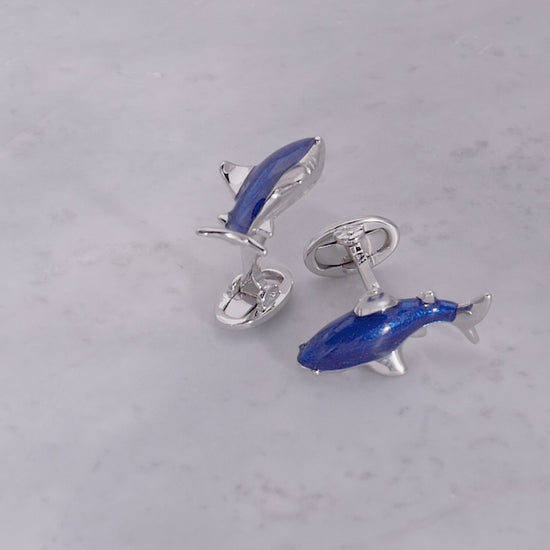 180 degree video of the circling Shark with Hand-painted Enamel & Sterling Silver Cufflinks in blue enamel. 