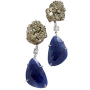 Raw pyrite crystal cluster stud earrings with cushion diamond connector and large freeform faceted blue sapphire drop 