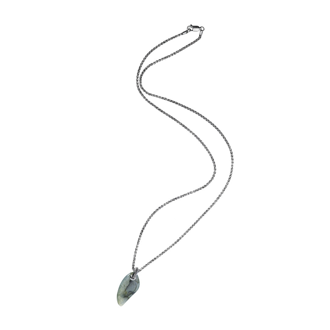 Full view of Jan Leslie's Labradorite Gemstone Horn Sterling Silver Pendant Necklace. 