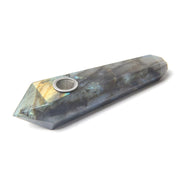 Faceted labradorite crystal smoking pipe with iridescent blue-green flash and metal mesh bowl insert