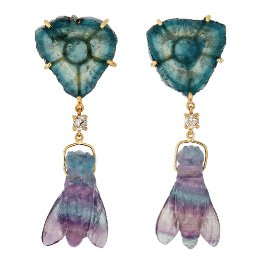 18K One of a Kind 2-Tier Gemstone Earrings&nbsp; Teal Tourmaline, Diamond and Hand Carved Rainbow Fluorite Bee