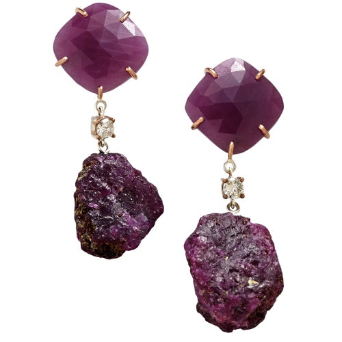 18k Gold Faceted Ruby, Diamond Raw Ruby One of a Kind Earrings