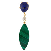 18k gold single earring with lapis lazuli cabochon stud, diamond connector, and elongated malachite marquise drop 