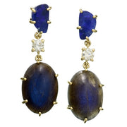 Jan Leslie 18k gold earrings with raw boulder opal studs, diamond connectors, and large oval labradorite cabochon drops
