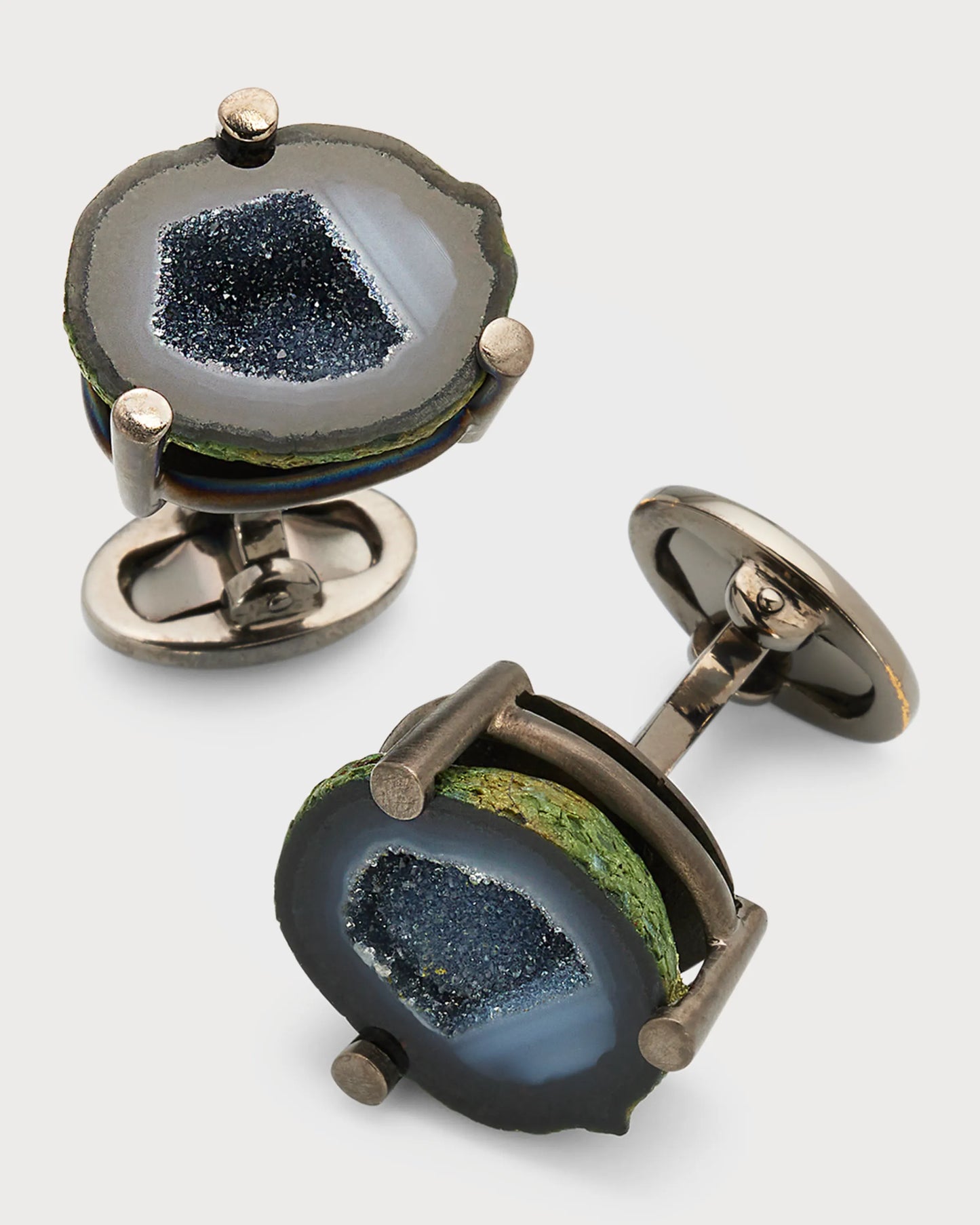 Top and side views of the Druzy Crystallized Gemstone Sterling Silver Cufflinks with black ruthenium finish on white background. 