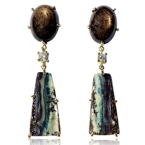 18K One of a Kind 2-Tier Gemstone Earrings: Natural Brown Sillimanite Cat's Eye, Yowah Boulder Opal & Diamond