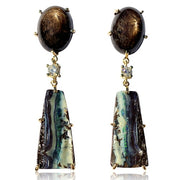  18k gold earrings with black star sapphire studs, azurite-malachite drops