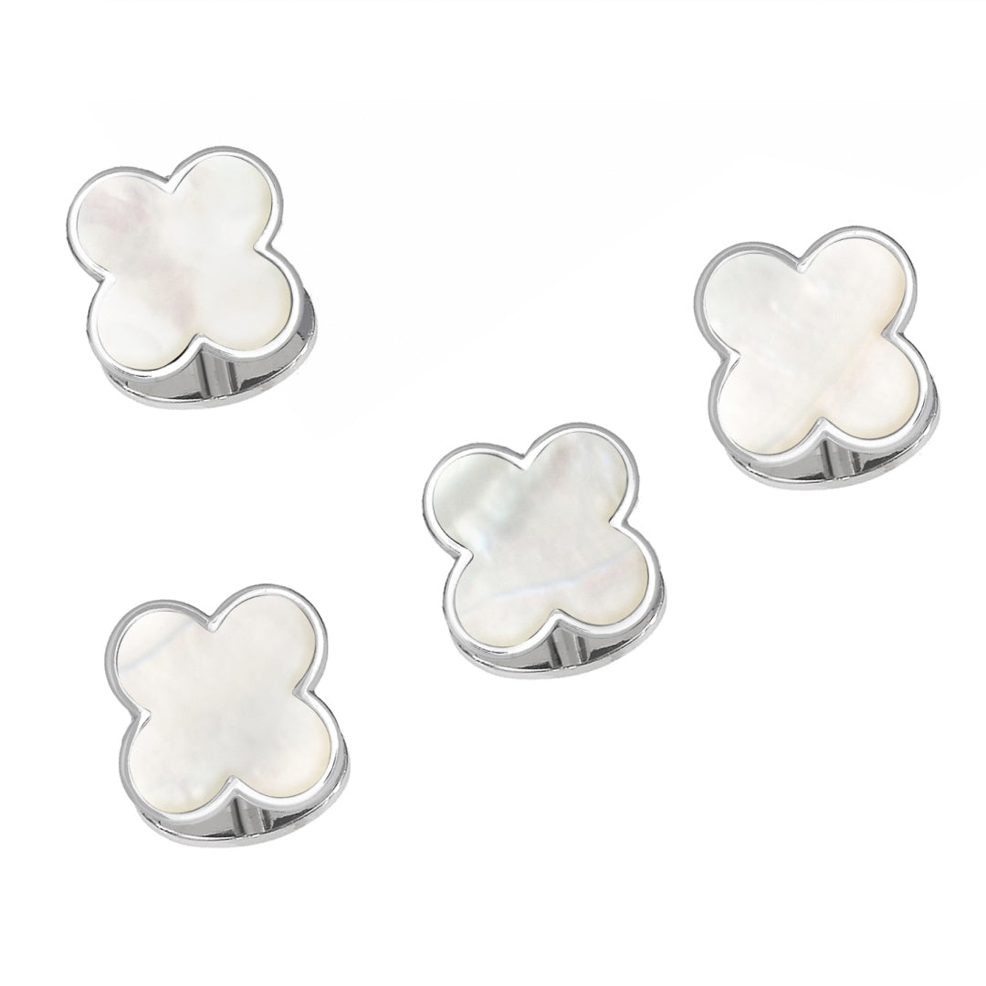 Gemstone Four Leaf Clover Sterling Silver Tuxedo Studs in mother of pearl I Jan Leslie Cufflinks and Accessories. 