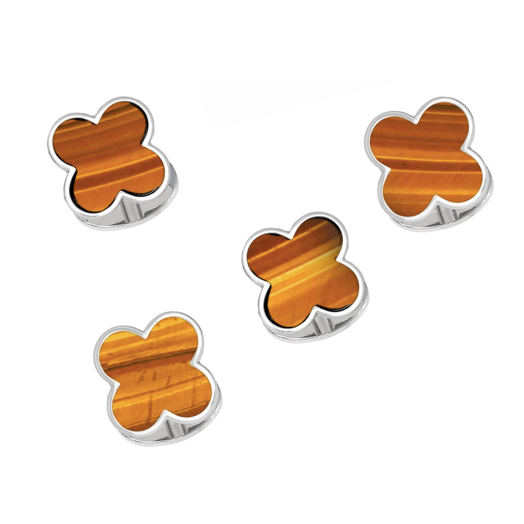 Gemstone Four Leaf Clover Sterling Silver Tuxedo Studs in Tiger's Eye I Jan Leslie Cufflinks and Accessories. 