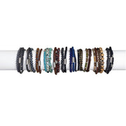 Men's gemstone and leather bracelet stack collection flat-lay showing twelve colorways